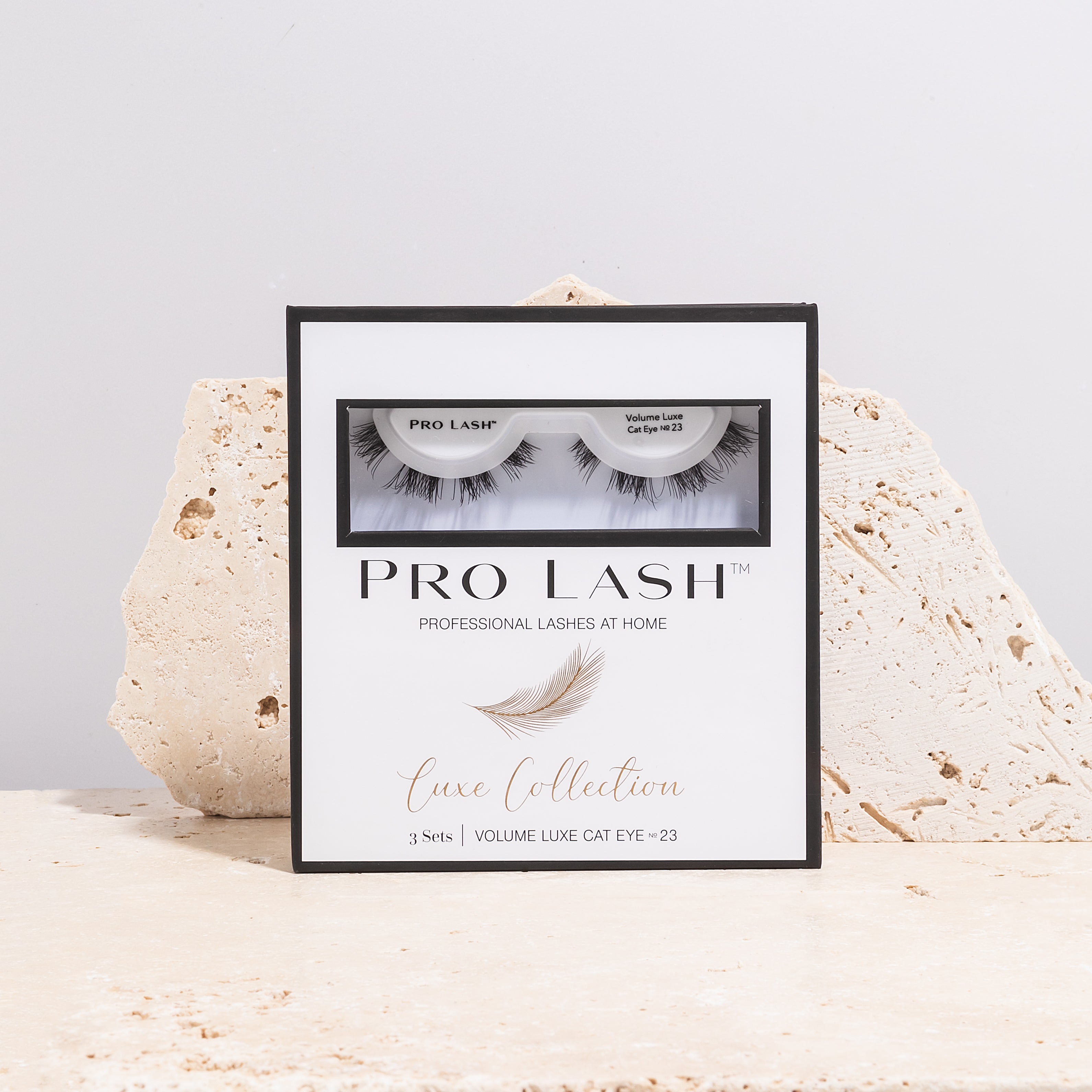 Wispy volume lashes in Pro Lash Luxe Collection packaging featuring Volume Luxe Cat Eye No.23 set.