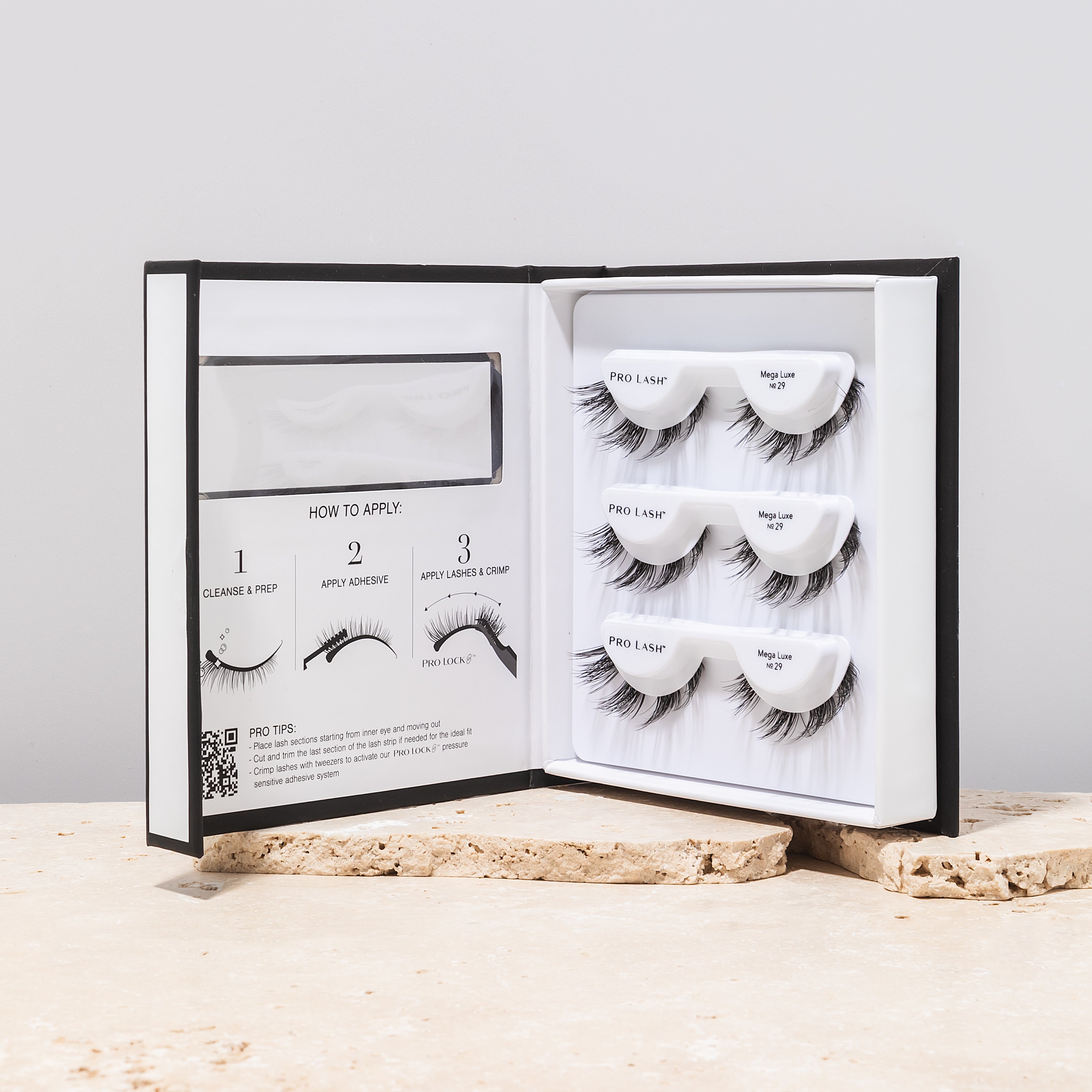 Eyelash extensions mega pack with three sets of Pro Lash Mega Luxe No.29 and step-by-step application guide.