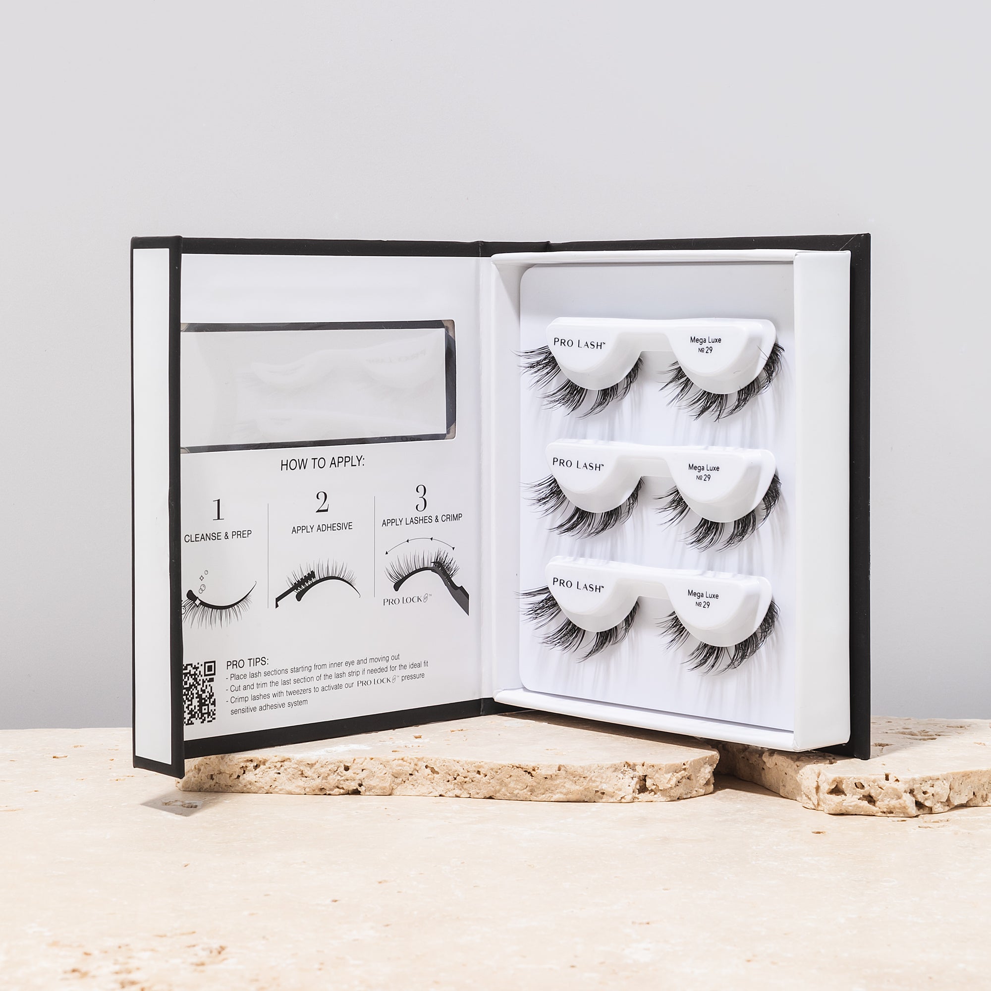 Eyelash extensions mega pack with three sets of Pro Lash Mega Luxe No.29 and step-by-step application guide.