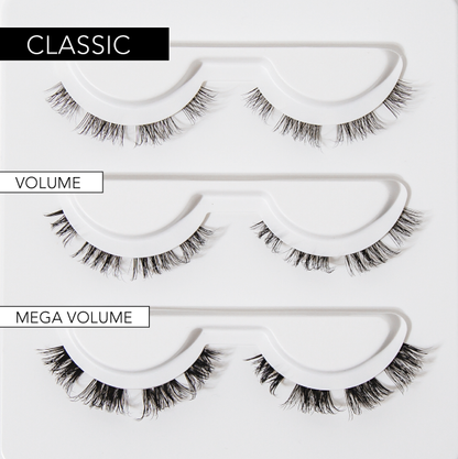 Diagram showing the difference between classic, volume, and mega volume lashes. 